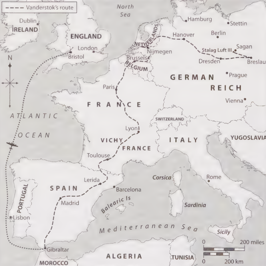 Vanderstok's escape route from Sagan to Gibraltar.